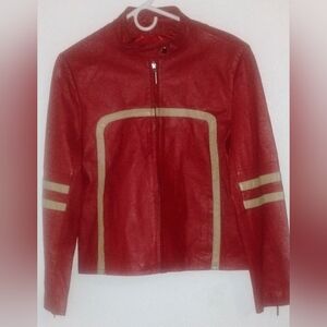 Vintage Red Leather Moto Jacket with Cream Accents